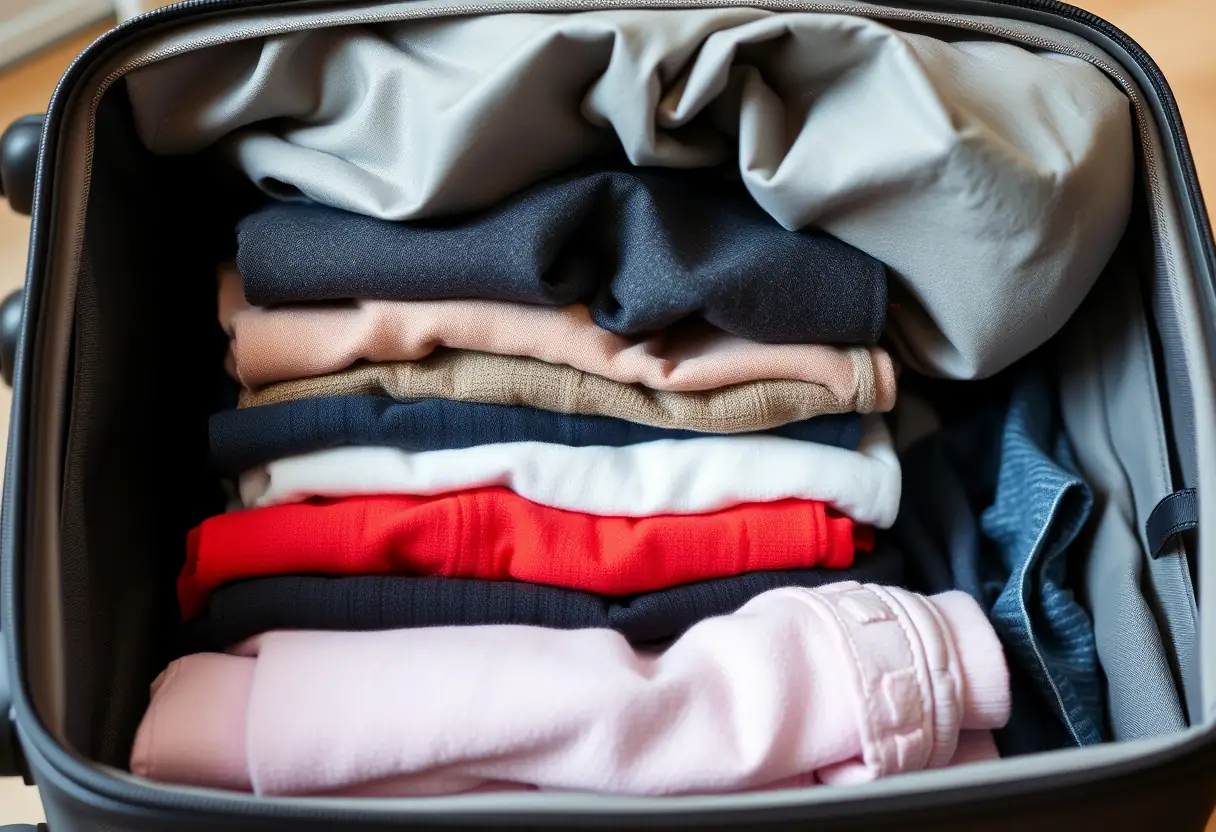Un tas de vêtements soigneusement pliés à l'intérieur d'une valise moyenne dont le couvercle est partiellement ouvert