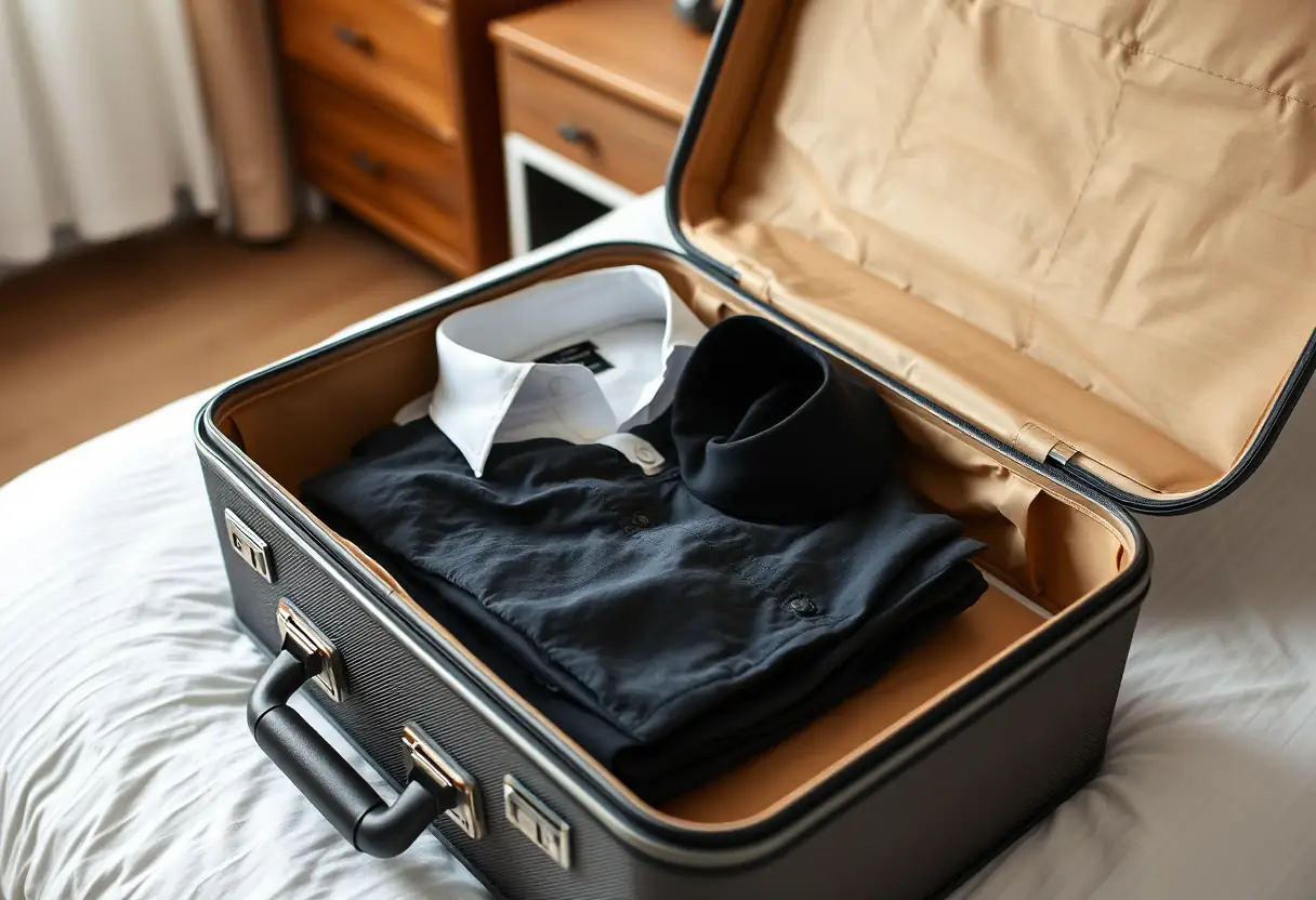 Un chemisier soigneusement plié et aligné à l'intérieur d'une valise ouverte posée sur une commode de chambre