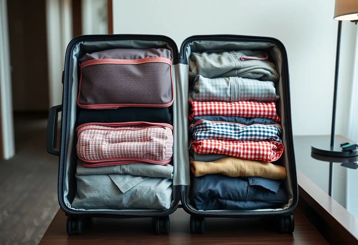 Des cubes de rangement disposés dans une valise, montrant des couches bien organisées de vêtements, la valise posée sur un bureau de chambre d'hôtel