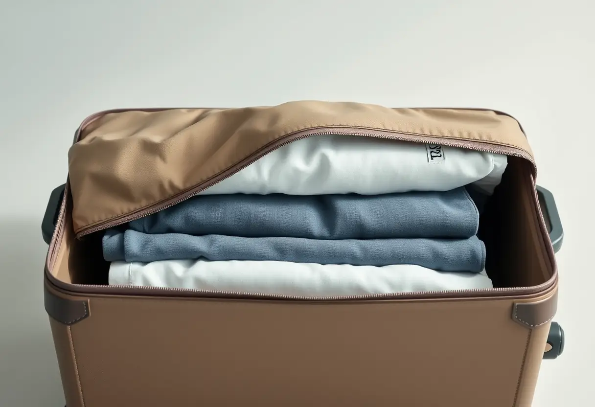 Un sac à dos fermé dont la fermeture éclair est partiellement ouverte révèle des tee-shirts pliés avec soin à l'intérieur.