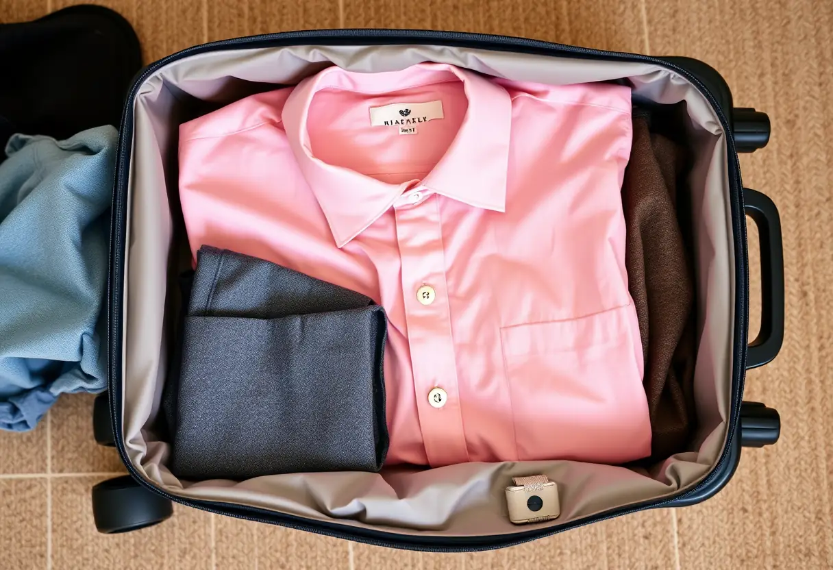 Un chemisier soigneusement plié au sein d'une valise cabine souple et roueable.