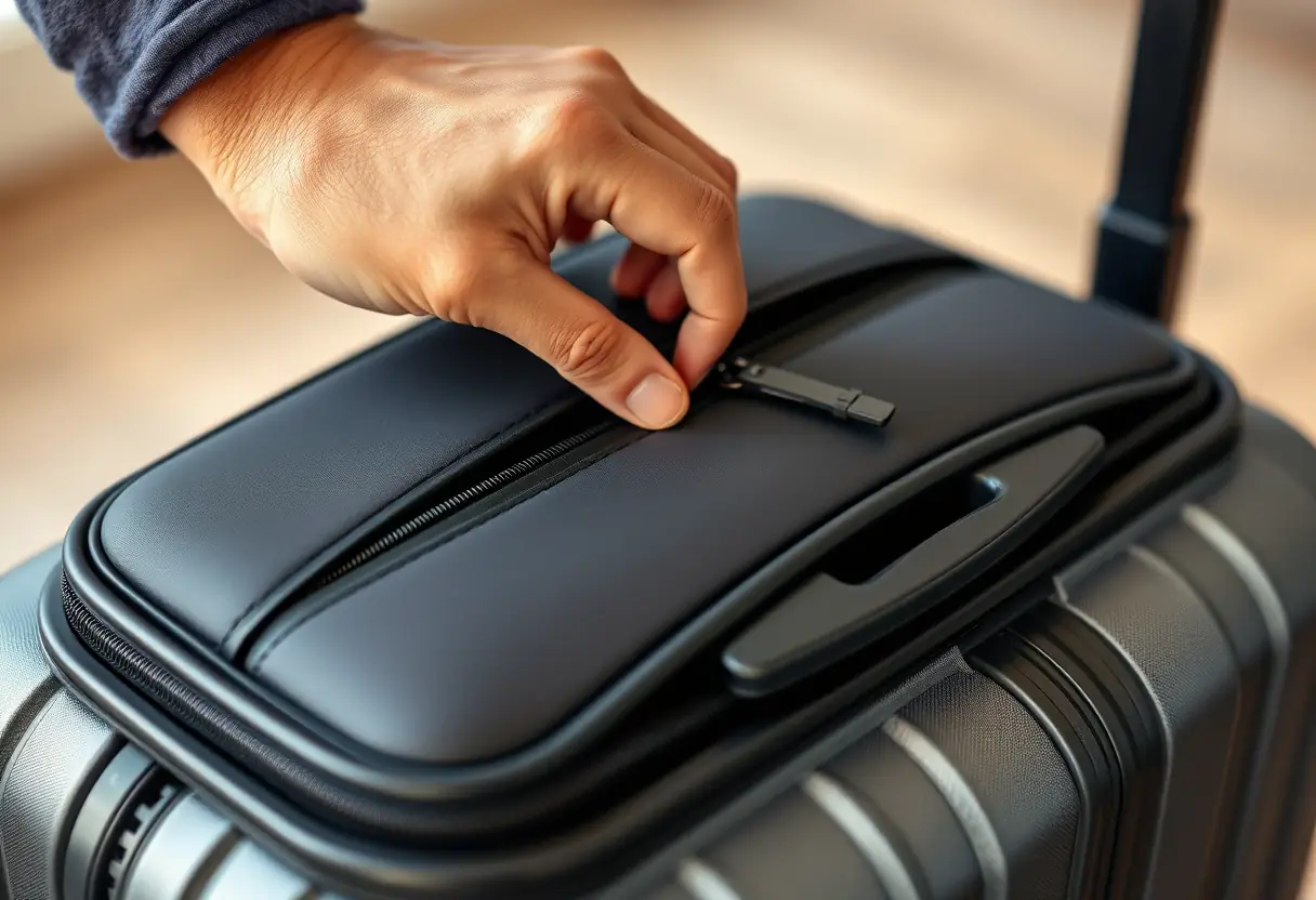 Une main zippant fermement un sac à dos rigide