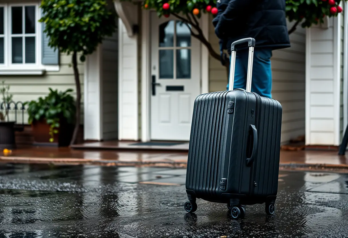 Les roues d'une valise tournent sur un trottoir mouillé devant une maison