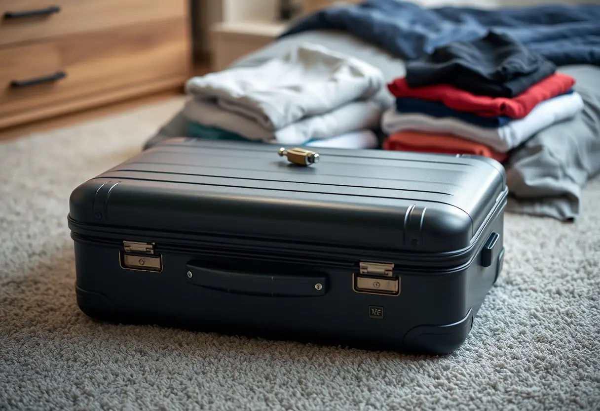 Une valise fermée avec une serrure sur son couvercle, posée sur un tapis de chambre près d'une pile de vêtements pliés avec soin