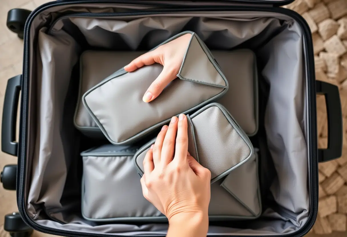 Une main tenant deux compartiments de rangement, ces derniers bien organisés à l'intérieur d'une valise ouverte, la main partiellement dissimulée par l'intérieur de la valise