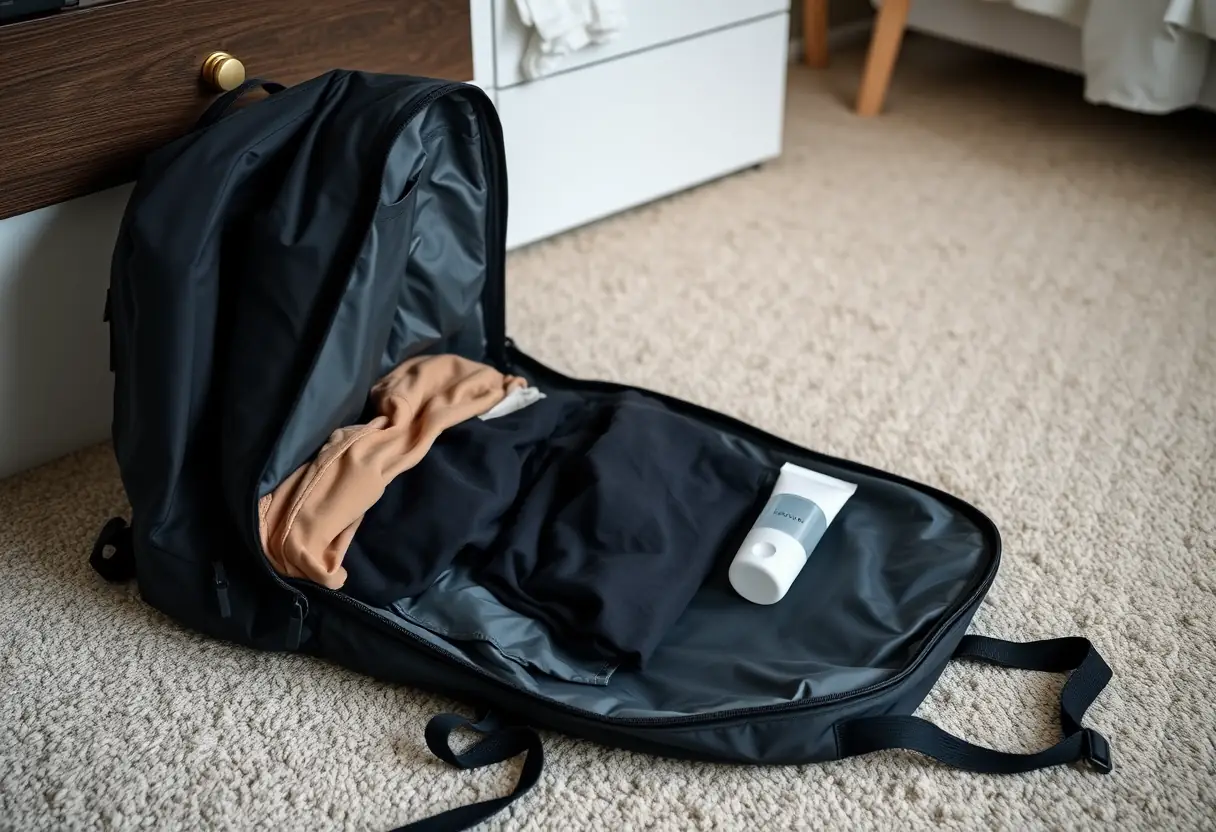 Un sac à dos en nylon noir ouvert sur le plancher d'une chambre, contenant des vêtements pliés avec soin et un kit de toilette