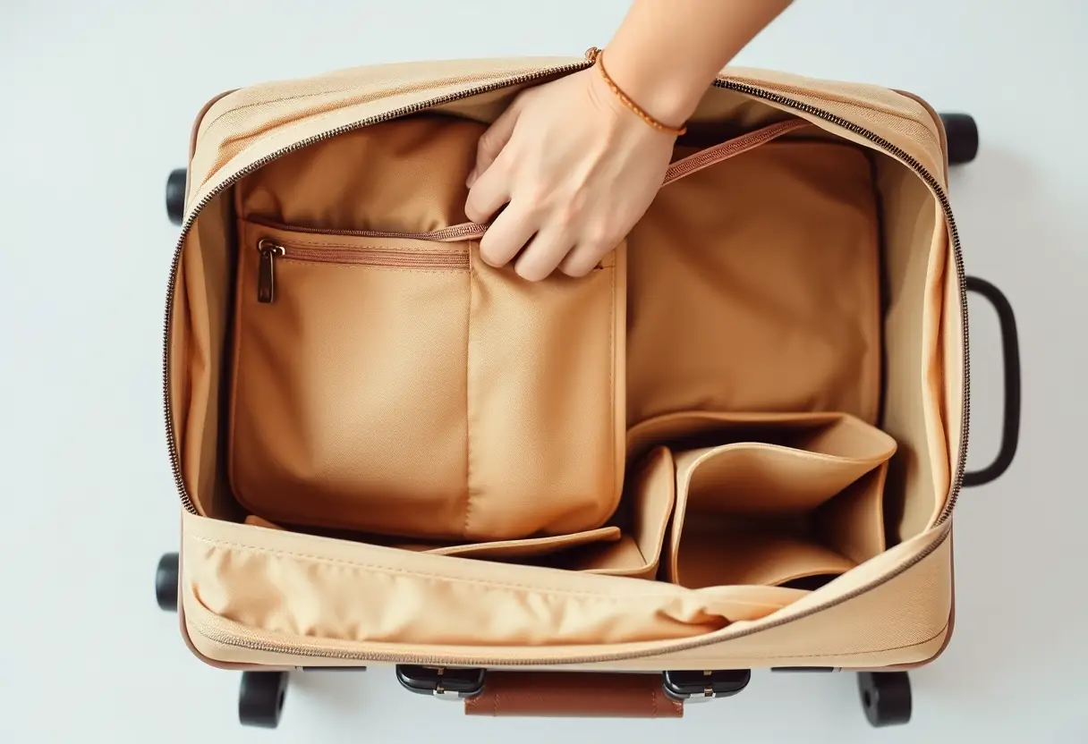 Une main refermant la fermeture éclair d'une valise en tissu de taille moyenne avec des compartiments bien organisés à l'intérieur