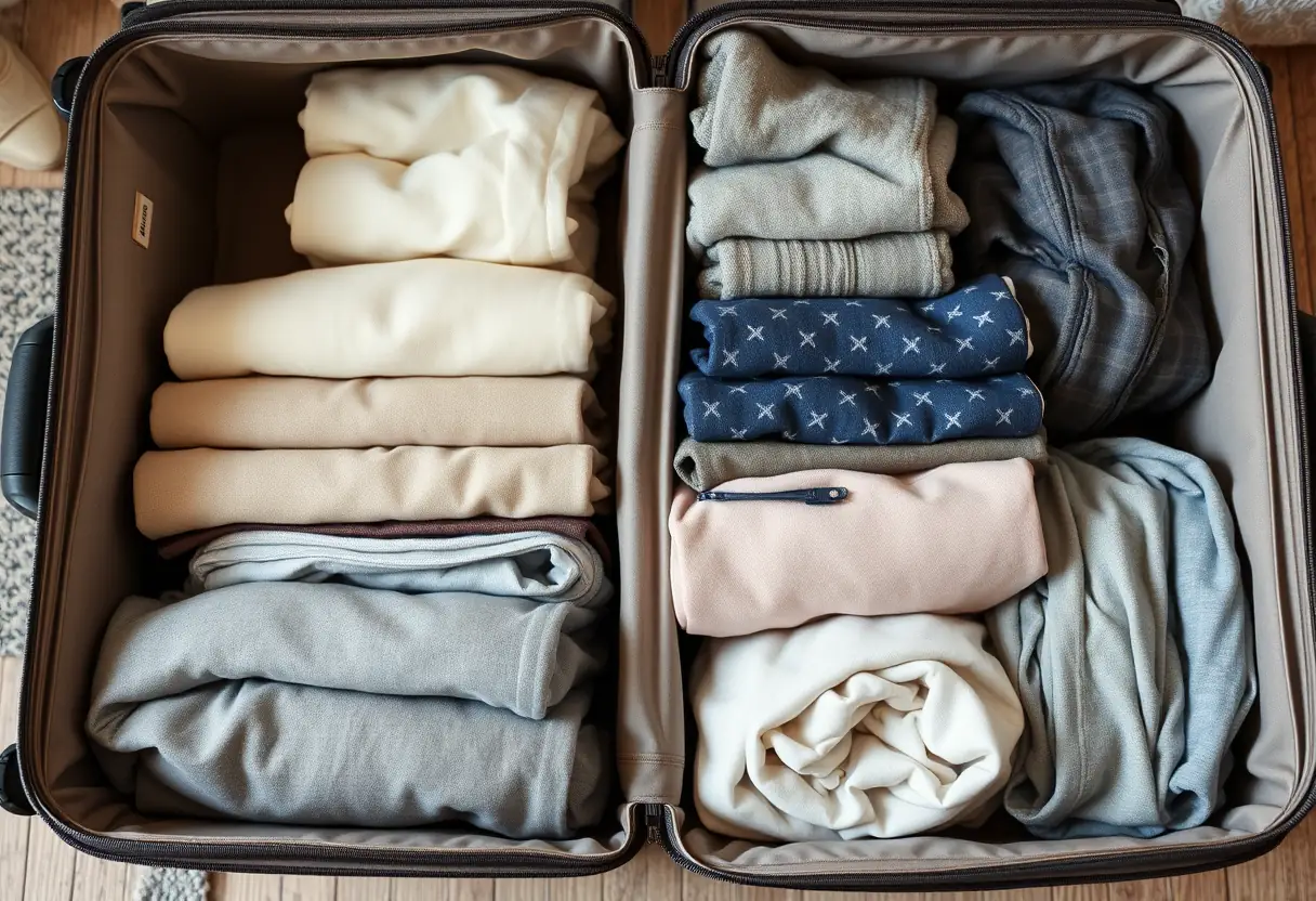 Des cubes de rangement disposés avec soin à l'intérieur d'une grande valise en tissu, les cubes contenant des vêtements pliés