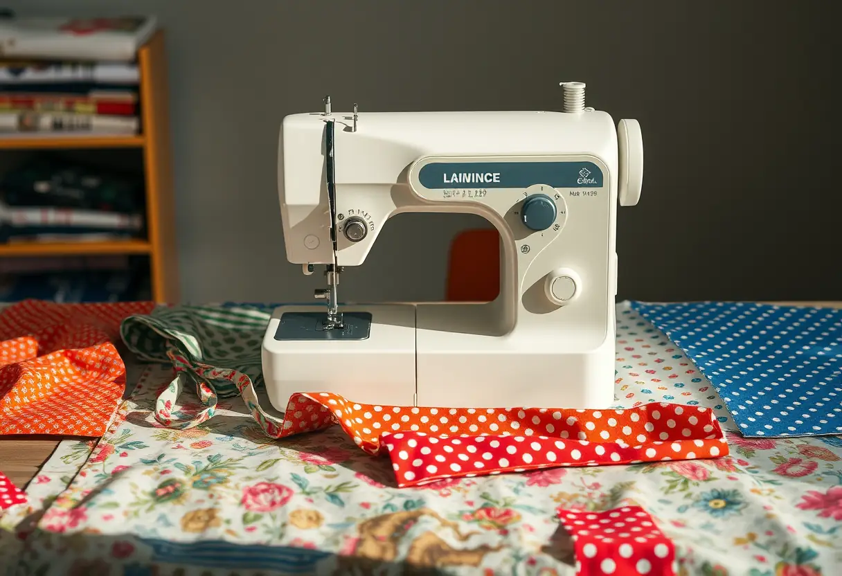 Un ordinateur de couture posé sur une table de travail recouverte de divers échantillons de tissus et motifs