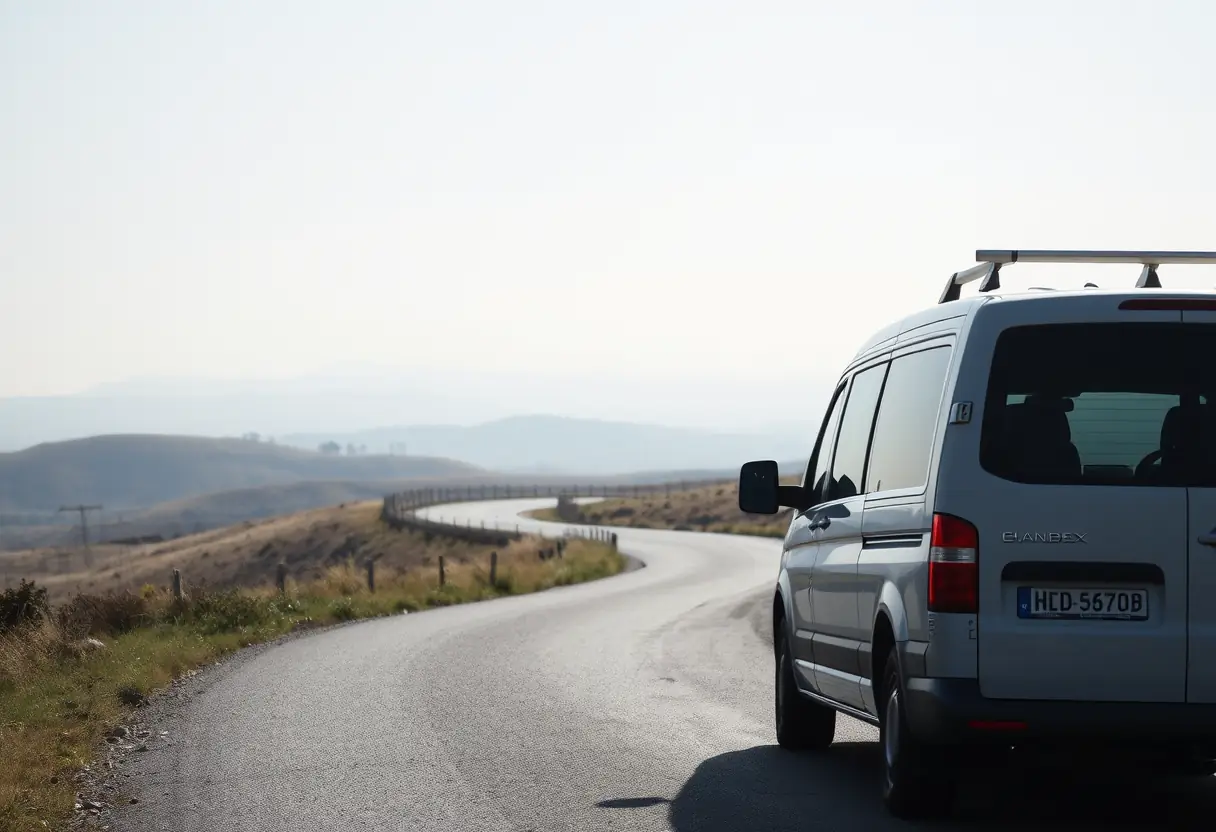 Un camping-car garé le long d'une route sinueuse en campagne, avec une vue sur des collines verdoyantes