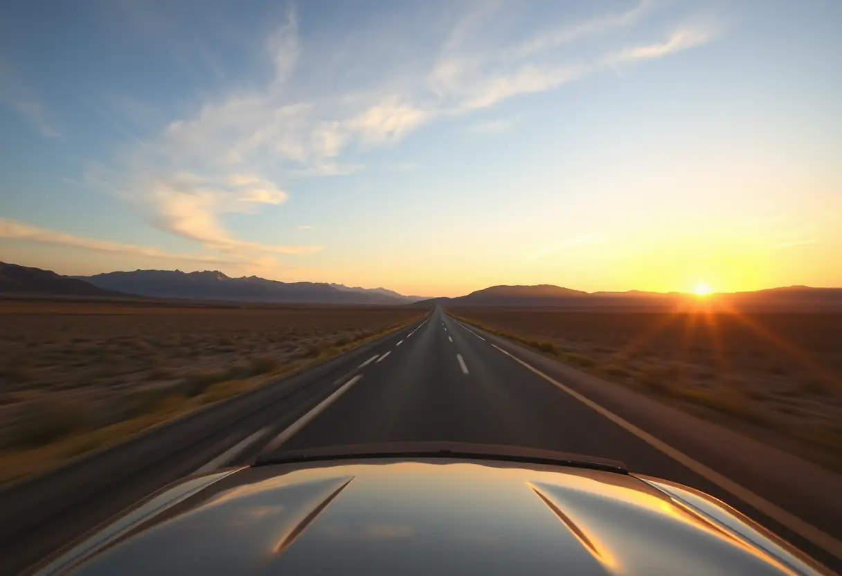 Une voiture sur une route déserte à la tombée de la nuit.