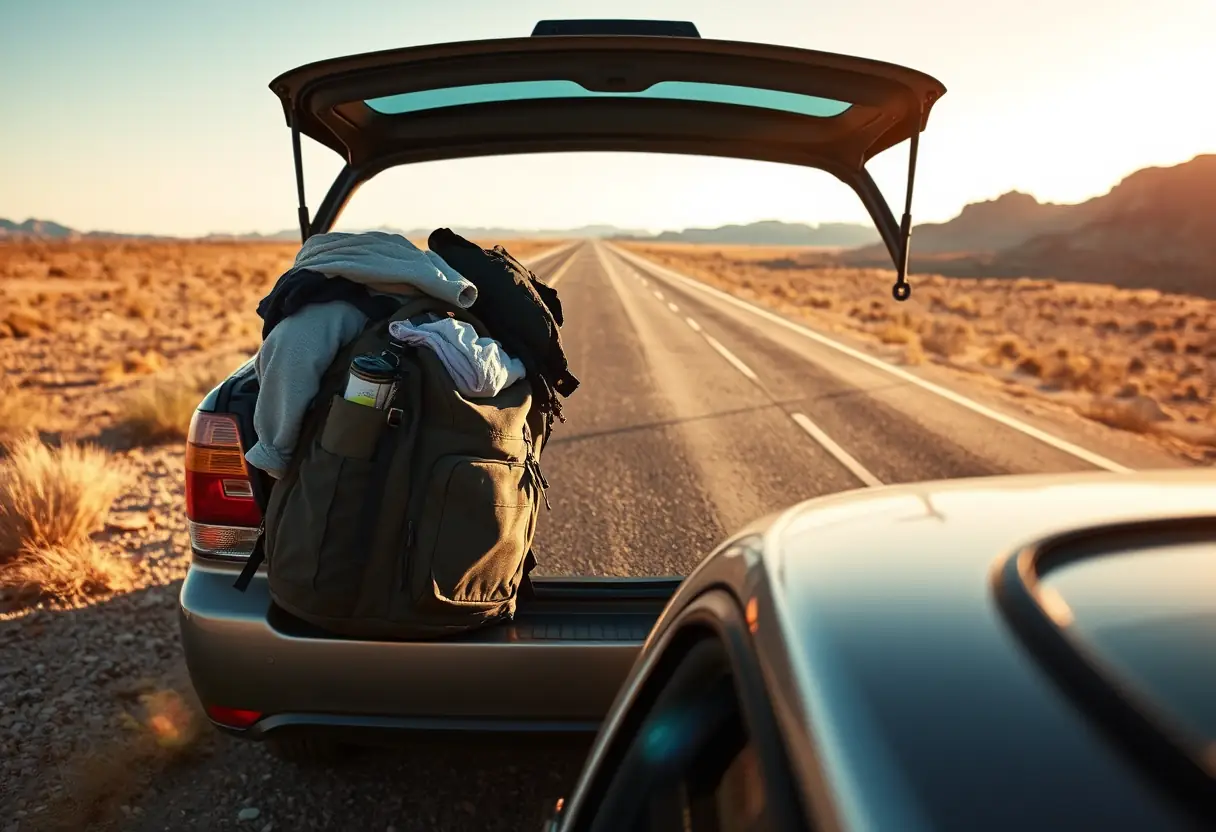 Un sac à dos rempli de vêtements et d'essentiels posé sur le coffre d'une voiture garée au bord d'une grande route déserte.