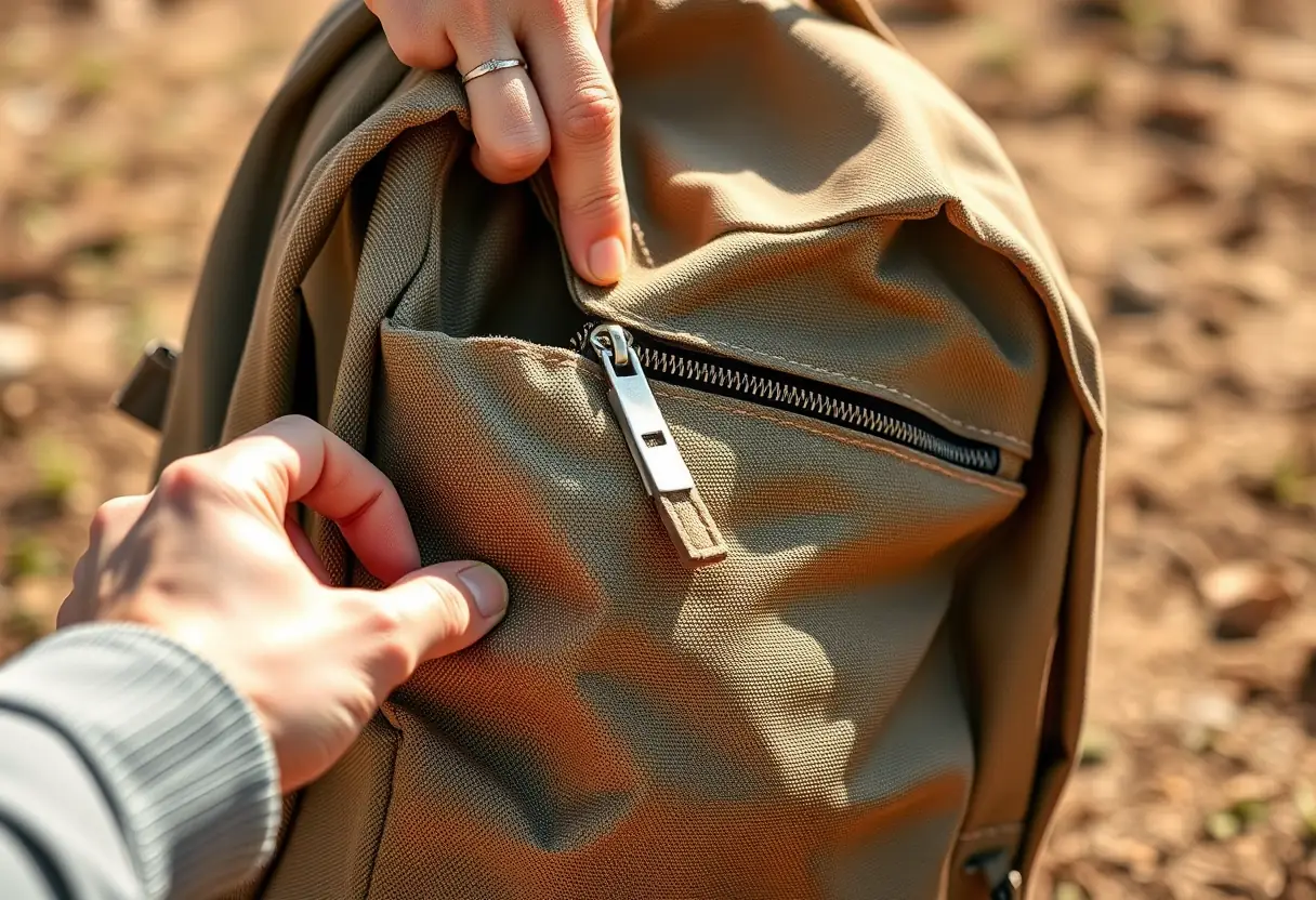 Une main ferme la fermeture éclair d'un sac de voyage en toile