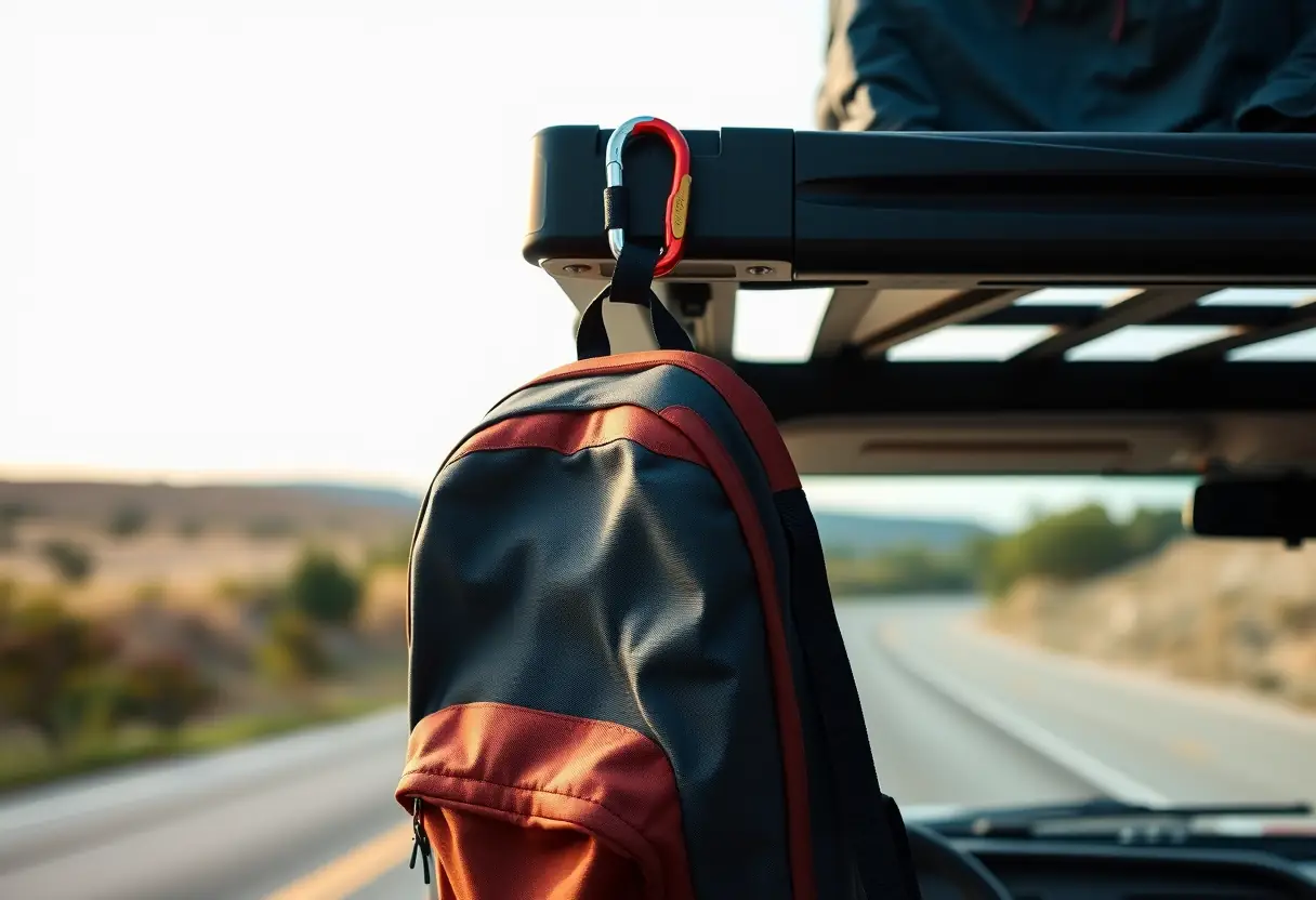 Un sac à dos accroché à un clip de crochet sur le porte-véhicule, vu depuis la route