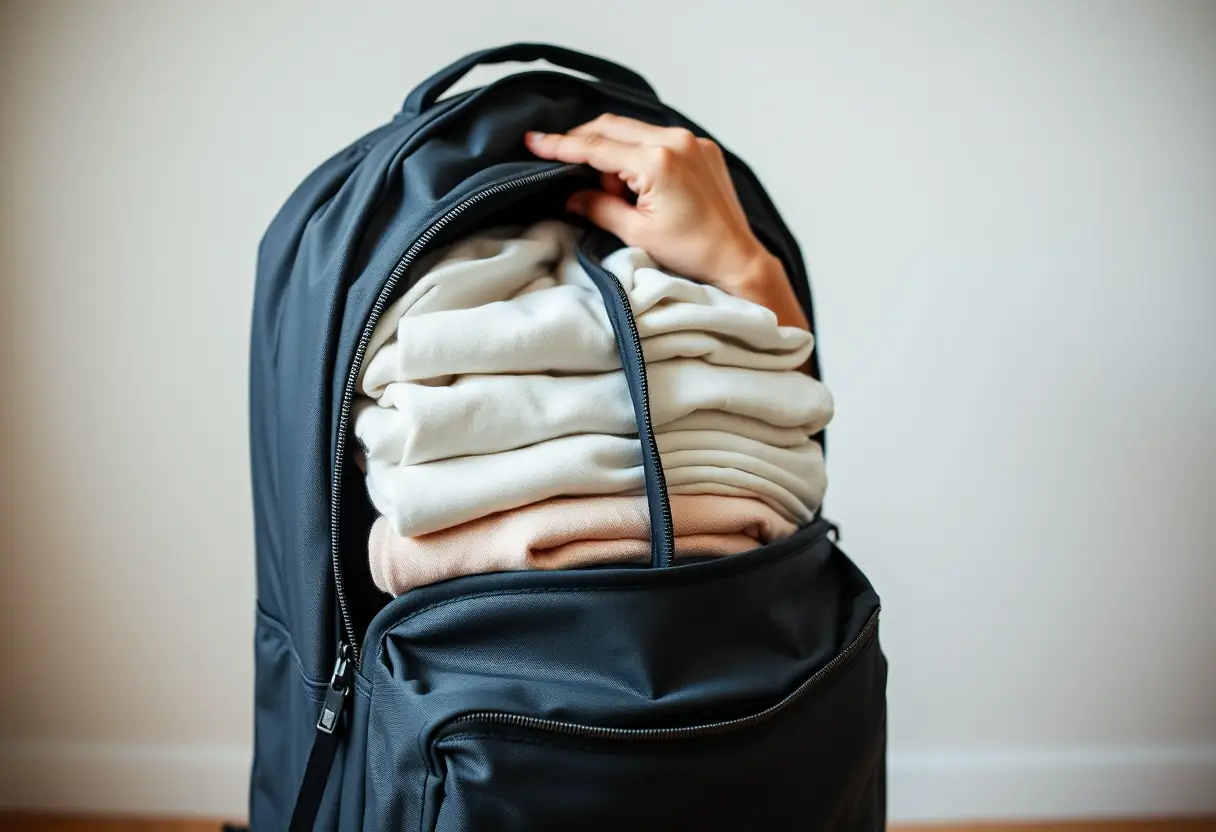Une main refermant la fermeture éclair d'un sac à dos moyen rempli de vêtements pliés avec soin