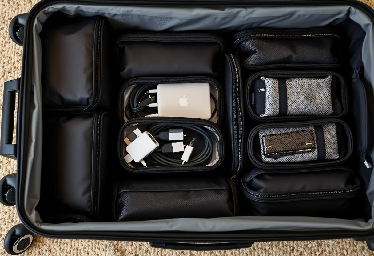 Des cubes de rangement organisés en rangées à l'intérieur d'une valise rigide grande, un cube légèrement ouvert montrant divers petits objets essentiels de voyage comme chargeurs et câbles