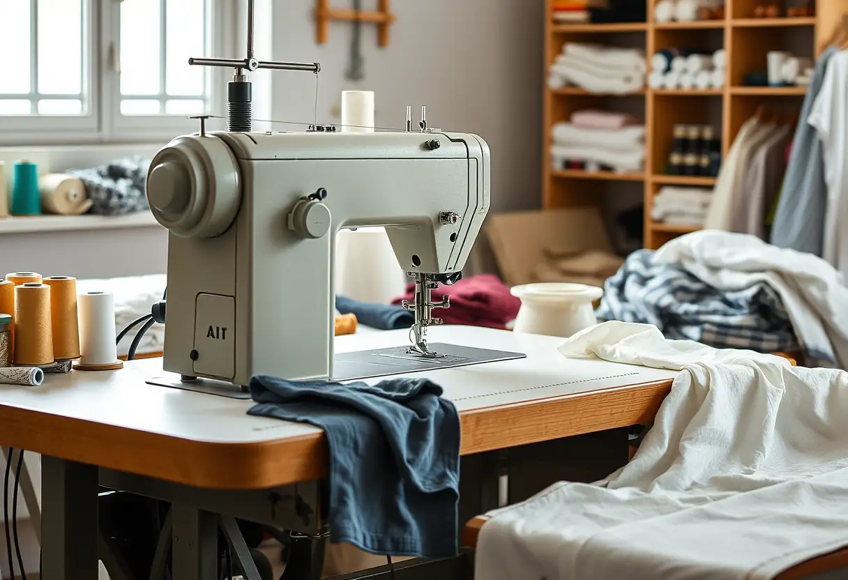 Un grand mécanisme de machine à coudre posée sur une table de travail entourée de divers tissus et de bobines de fil
