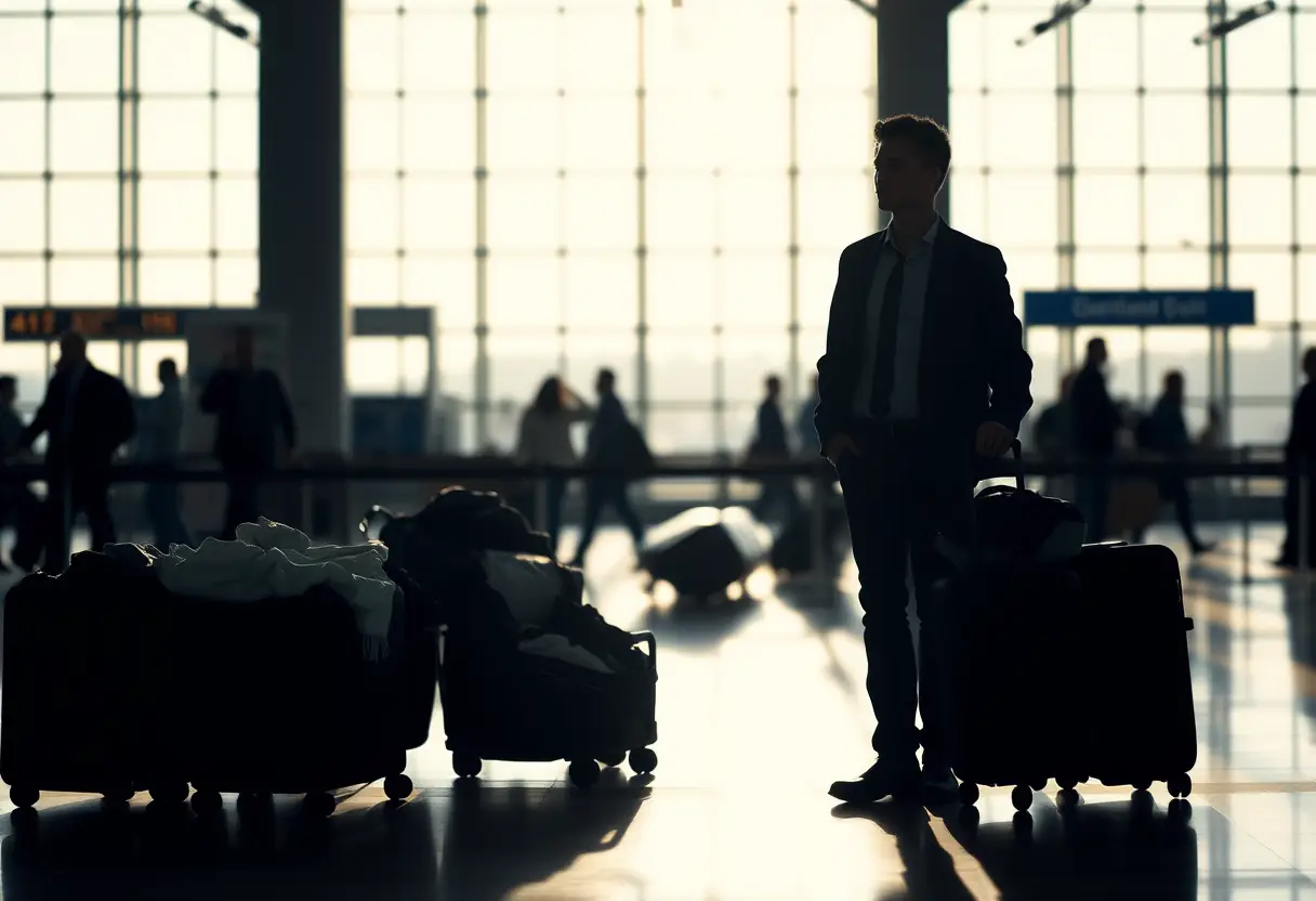 Un voyageur près de sa valise dans un aéroport
