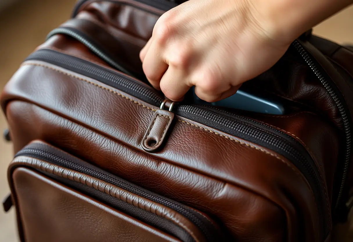 Une main qui ferme une valise en cuir