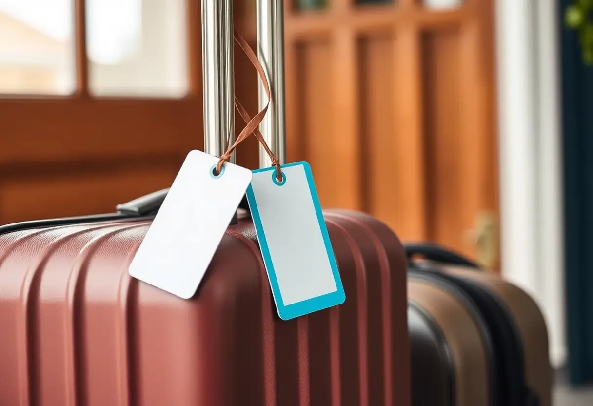 Une étiquette de valise pendue au bout du manche d'une valise posée près d'une porte d'entrée, prête pour le voyage.