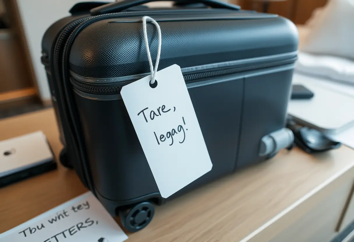 Une étiquette de valise bien écrite accrochée au tirette de la fermeture à glissière d'une valise fermée, la valise repose sur le bureau d'une chambre d'hôtel entouré d'articles personnels