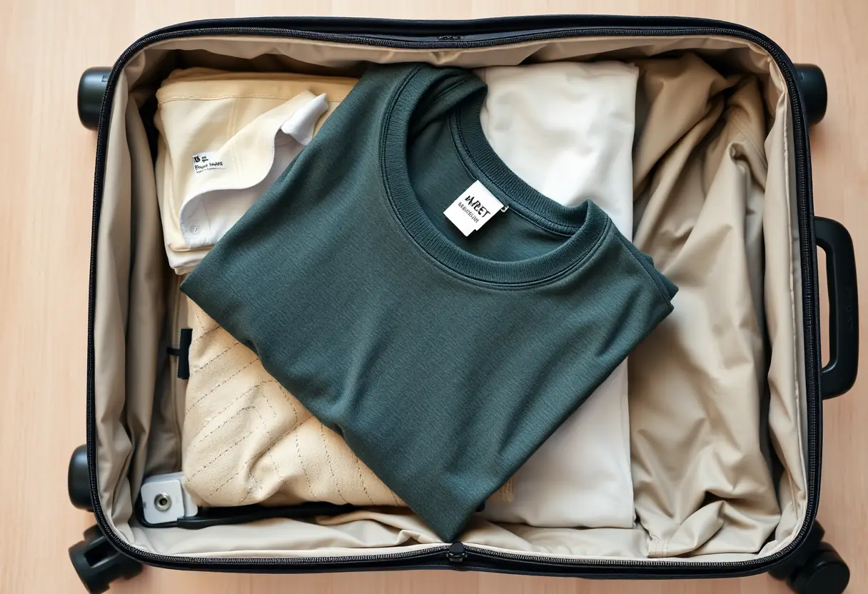 Un T-shirt plié avec soin est posé à l'intérieur d'une valise compacte