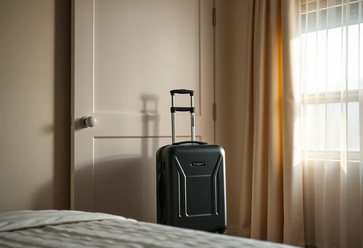 Un petit bagage cabine avec son système de poignée télescopique posé près d'une porte de chambre fermée au lever du jour