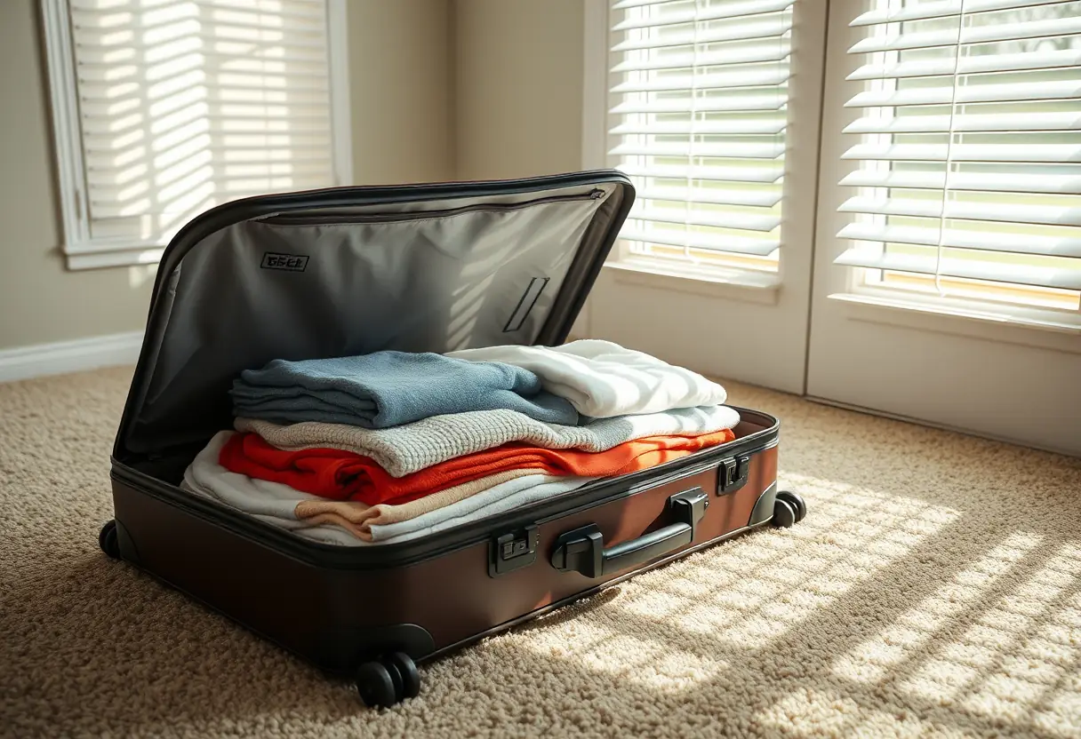 Une valise rigide ouverte révélant des vêtements pliés soigneusement rangés à l'intérieur, dans une chambre baignée de lumière du matin filtrée par des stores