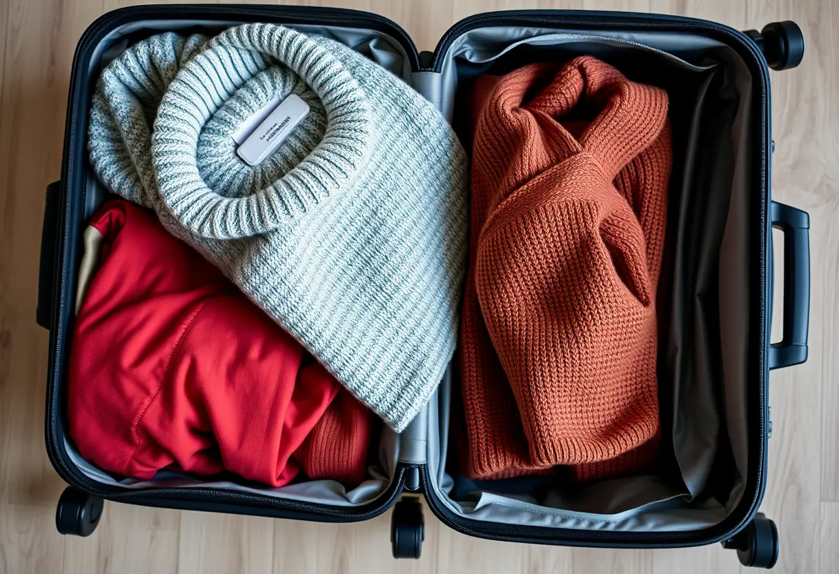 Un pull plié avec soin à l'intérieur d'une valise rigide ouverte, montrant comment optimiser l'espace pour rester sous la limite de poids