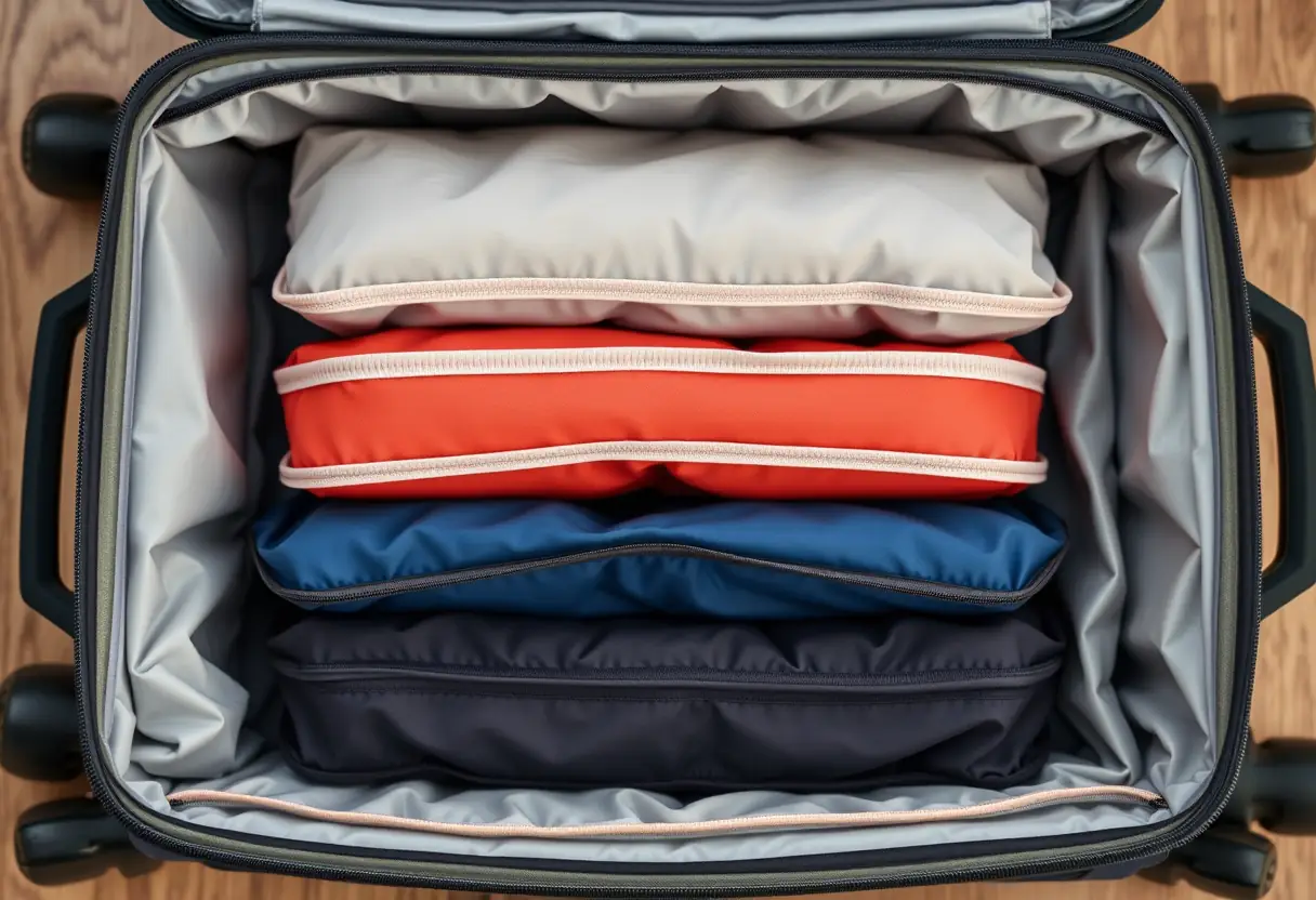 Des cubes de rangement empilés soigneusement à l'intérieur d'une valise souple, illustrant des techniques de rangement organisées pour un chargement léger