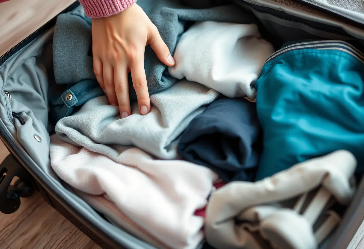Une main qui pénètre dans une valise partiellement remplie avec des vêtements pliés avec soin