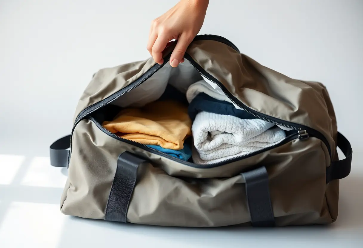 Une main referme la fermeture à glissière d'un sac de sport rempli de vêtements pliés