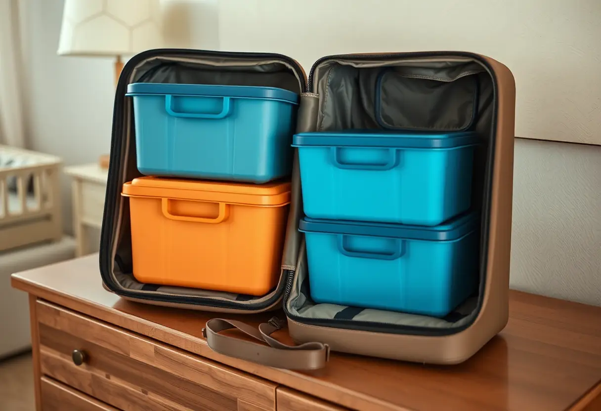 Des cubes de rangement empilés dans une valise ouverte posée sur une commode dans une chambre