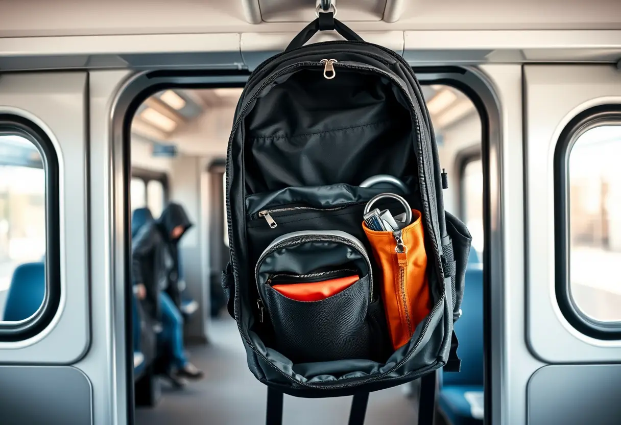 Un sac à dos suspendu sur la barre d'une voiture de train, montrant une organisation bien pensée avec des petits sacs et des affaires