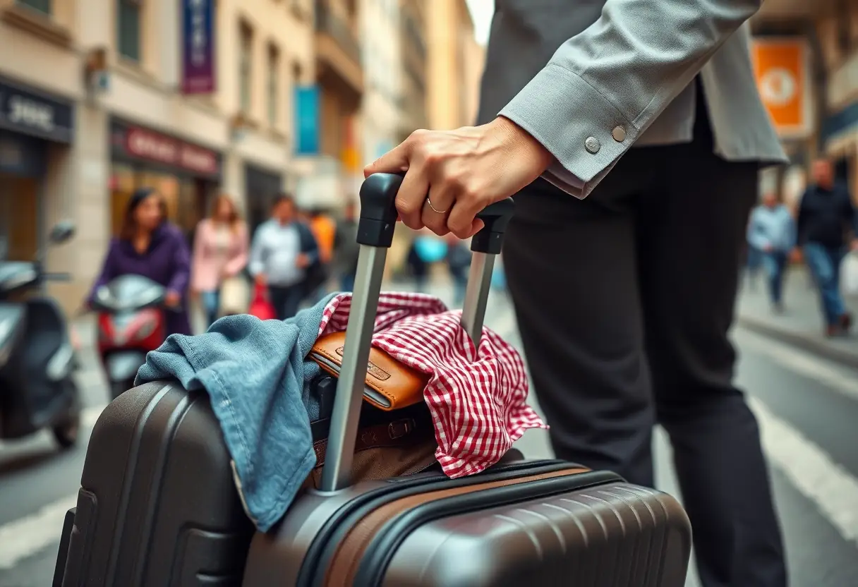 Une main tenant la poignée télescopique d'une valise qui est guidée le long d'une rue animée de ville, la valise contenant divers vêtements et nécessités de voyage