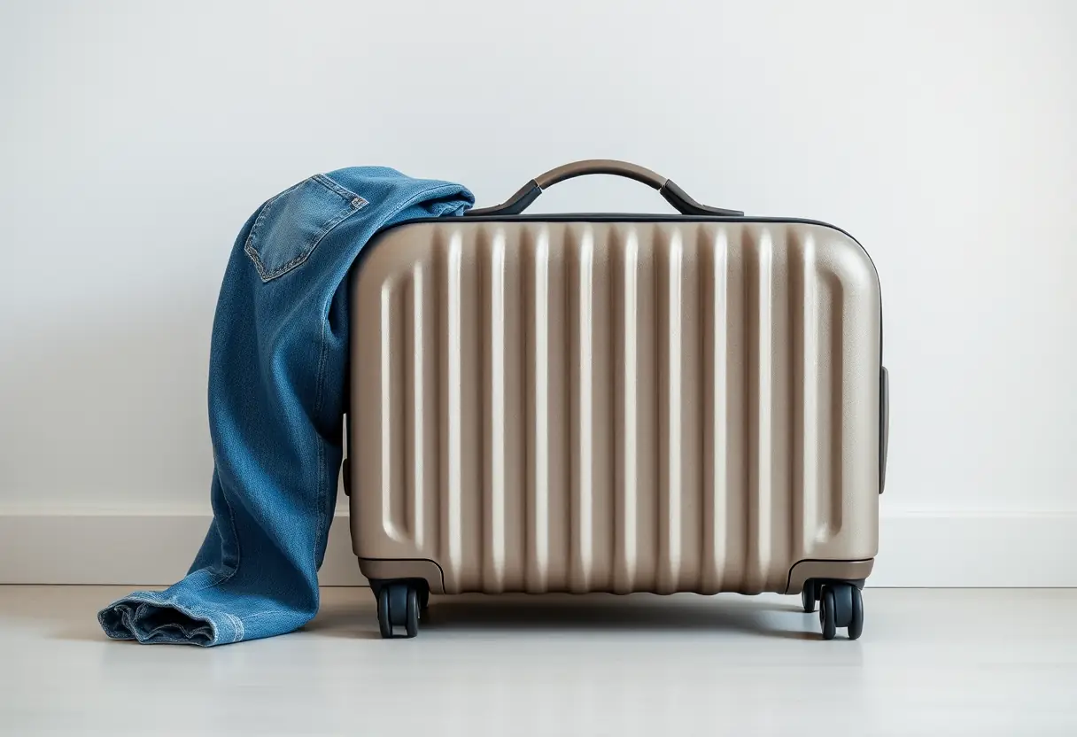 Une valise moyenne fermée posée à côté d'un jean plié avec soin