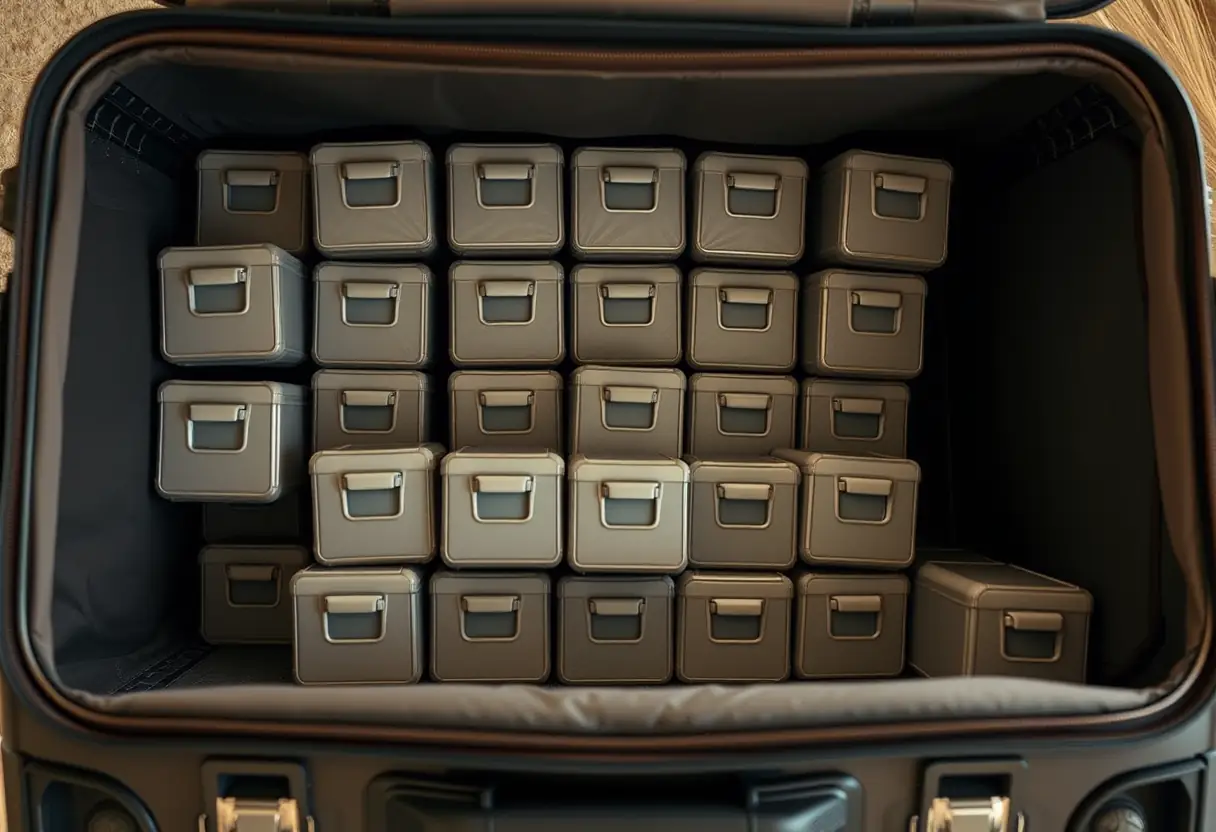 Des cubes de rangement remplis disposés en rangées à l'intérieur d'une valise ouverte