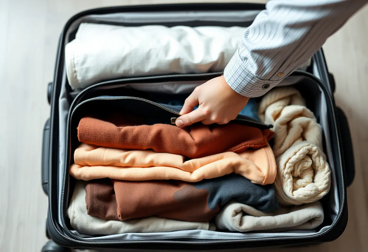 Une main refermant la fermeture éclair d'une valise rectangulaire moyenne remplie de vêtements pliés avec soin