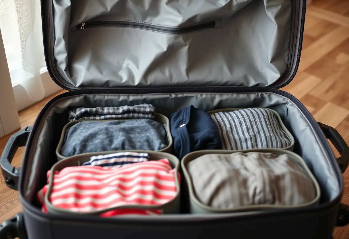Des cubes de rangement emballés disposés dans une valise, visibles à travers son couvercle ouvert, montrant les vêtements bien organisés