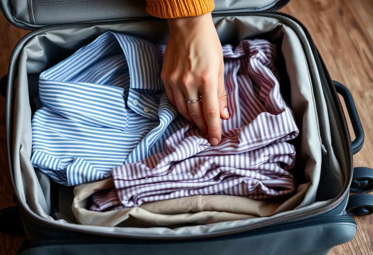 Une main en train de replier soigneusement un vêtement dans une valise à couvercle souple, les vêtements sont empilés de manière à prendre le moins d’espace possible