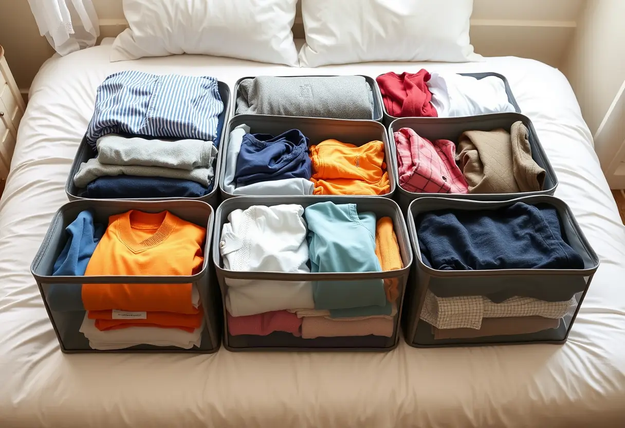 Un ensemble bien organisé de cubes de rangement, chaque cube contenant différents types de vêtements, disposés sur un lit pour un accès facile