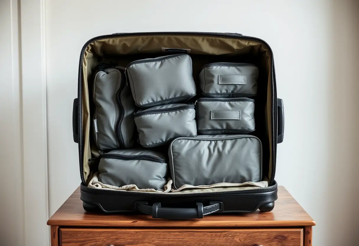Des cubes de rangement disposés avec soin à l'intérieur d'une valise ouverte sur une commode de chambre à coucher