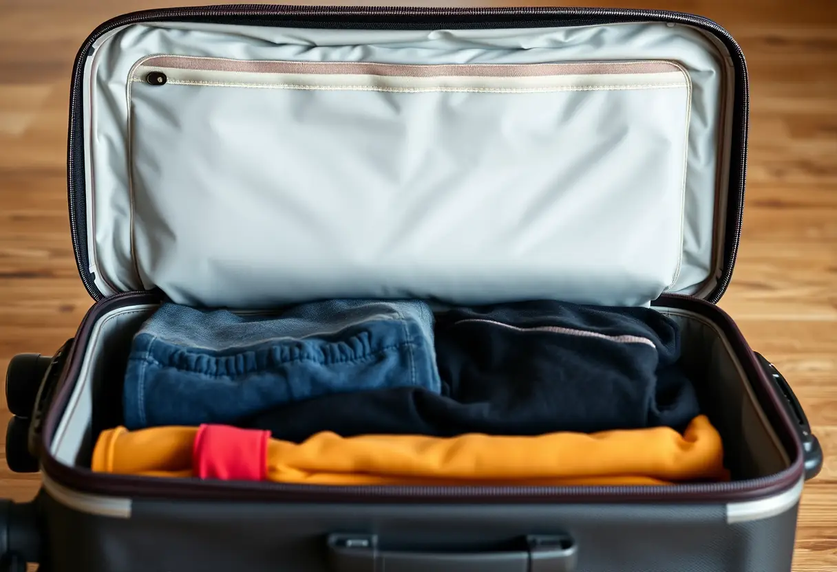 Une valise souple pleinement remplie dont la couverture est partiellement ouverte, révélant des vêtements pliés avec soin