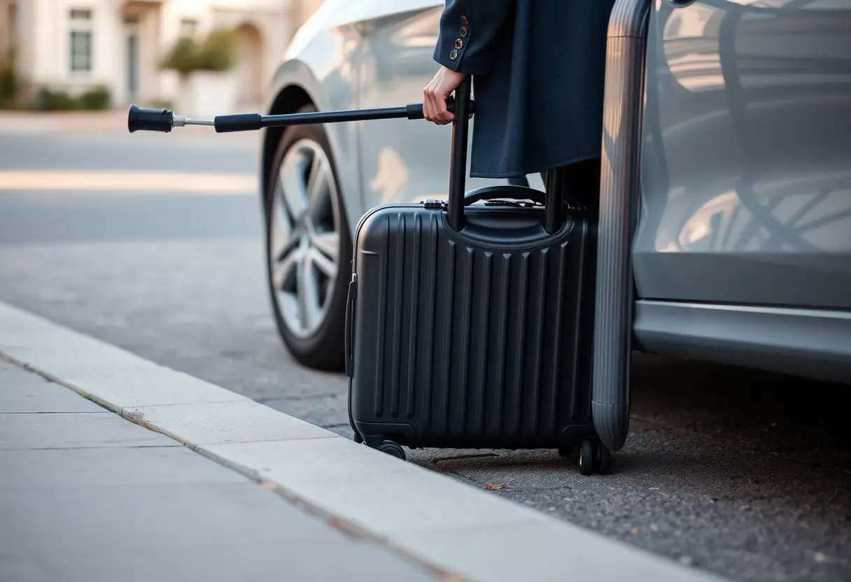 Une poignée télescopique sortant d'une valise moyenne posée sur le trottoir près d'une voiture