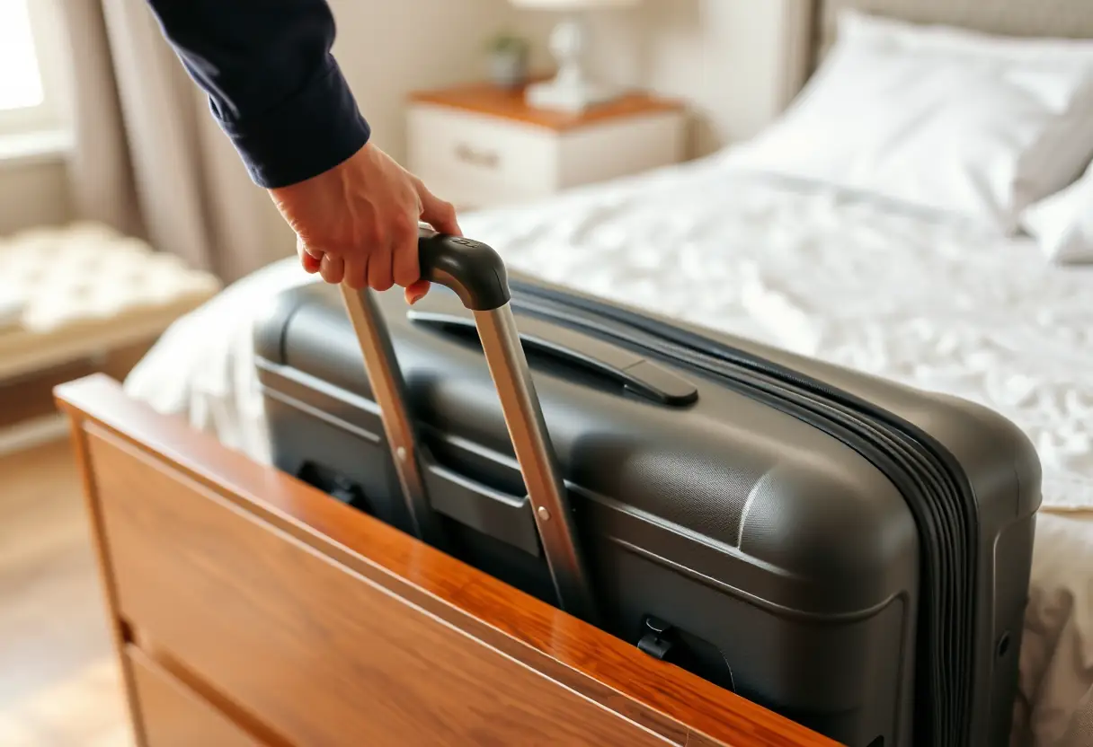 Une main tient le bouton de la poignée télescopique d'une valise placée sur un meuble de toilette dans une chambre no text, no writing, no letters, editorial photography, natural light, photorealistic