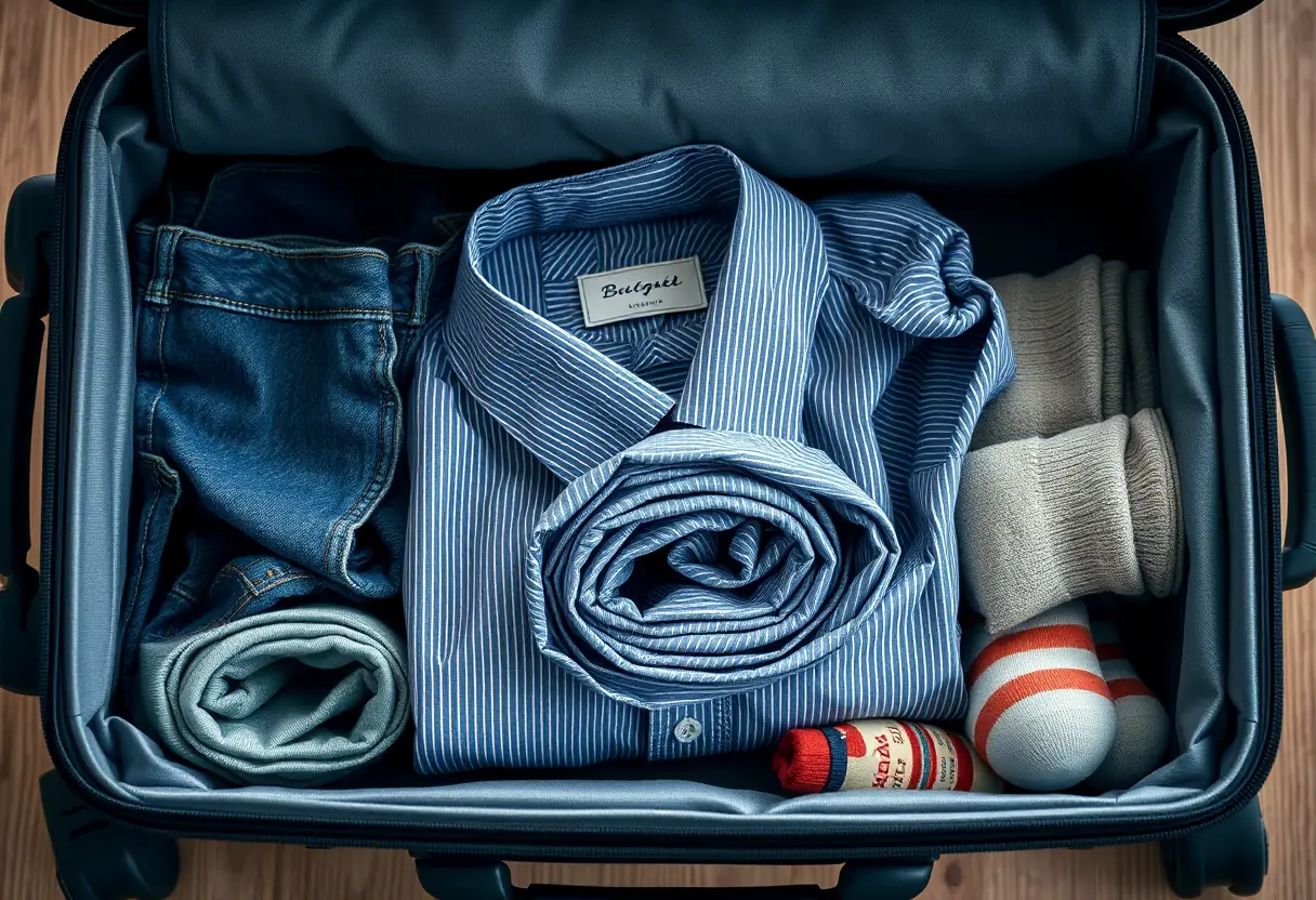 Un chemisier soigneusement roulé placé au fond d'une valise entouré de jeans pliés et de chaussettes