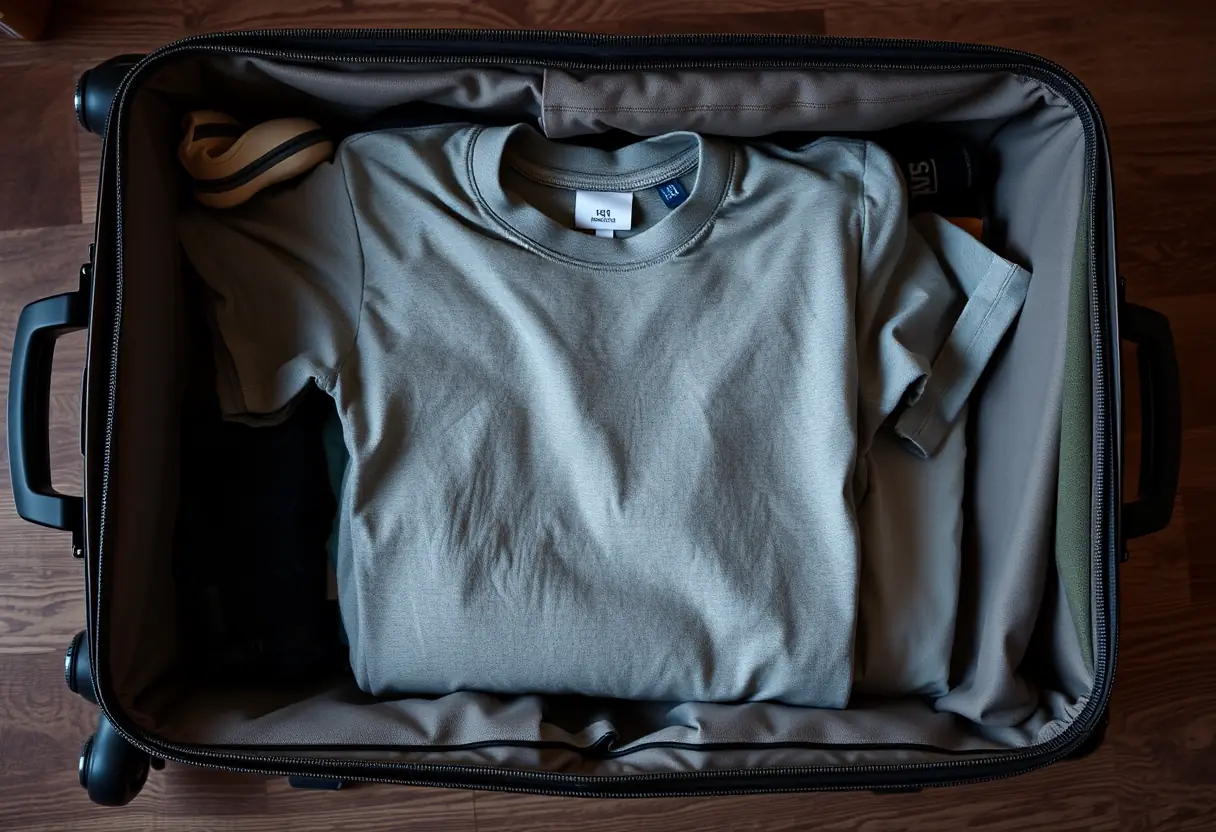 Un tee-shirt plié posé à l'intérieur d'une valise semi-ouverte, entouré d'articles plus petits pour créer un arrangement compact