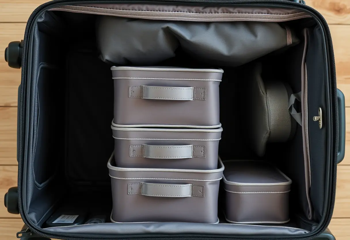 Des cubes de rangement empilés de manière ordonnée à l'intérieur d'une valise fermée, montrant des compartiments organisés