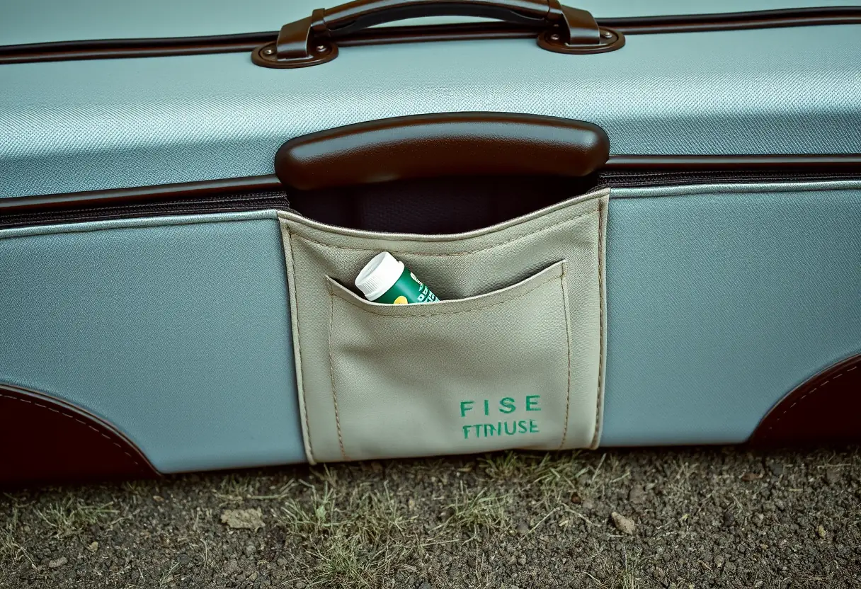 Une valise fermée posée sur le sol avec un petit contenant de médicaments visible dans la poche du bouton de tirage.