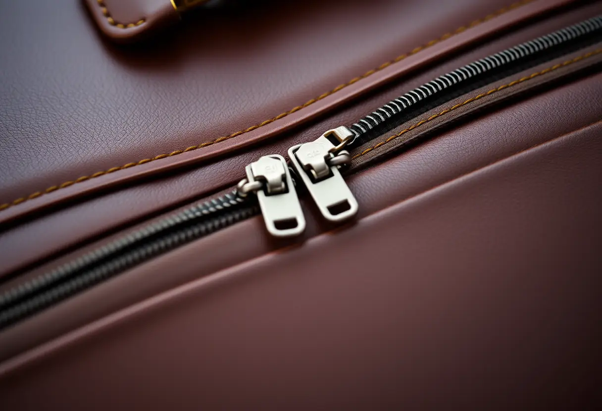 Un plan rapproché du pont reliant deux zips sur une valise souple, montrant la texture en cuir et l'hardware métallique